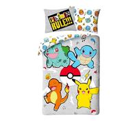 Parure de Lit Pokémon Réversible - Housse de Couette 140x200 cm et Taie d'oreiller - 100% Polyester Ultra Doux - Certification Oeko-Tex Standard 100 - Motif Pikachu Carapuce Salamèche Bulbizarre