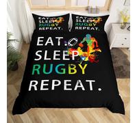 Parure de lit pour lit double avec housse de couette motif rugby Eat Sleep Repeat American Football Games - Décoration de chambre pour garçons et filles - Housse de couette noire - 2 taies d'oreiller
