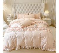 Parure de lit Princesse Blanche 100% Coton, Double épaisseur, Volants en Dentelle, Housse de Couette, Drap et taies d'oreiller, Couleur Unie, Rose, King Size, 4 pièces