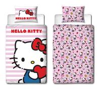 Hello Kitty Parure de Lit Enfant, Rose et Blanc, Lit 1 Place Housse de Couette 140x200 cm avec Taie d'oreiller 63x63 cm, Motif Rayé, Certifié Oeko-Tex, Collection Chaton