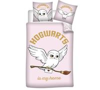 Parure de lit réversible HP - Hedwige la Chouette - -Hogwarts is my home- - Rose - 140 cm x 200 cm,