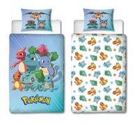 Pokémon Parure de lit réversible Pikachu et Starter Microfibre Bleu 140 x 200 cm + taie 63 x 63 cm