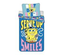 Parure de Lit SpongeBob Carré 100 % Coton | Housse de Couette 140x200 cm + Taie d’Oreiller 60x65 cm | Motif “Serve Up Smiles” | Douce, Respirante et Colorée | Décoration de Chambre Enfant SpongeBob