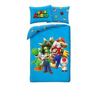 Parure de Lit Super Mario Bleue, Housse de Couette Réversible 140x200 cm et Taie d'oreiller, Polyester, avec Mario, Luigi, Toad, Peach, Wario et Yoshi