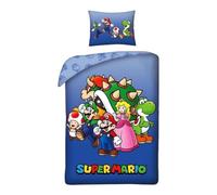 Parure de Lit Super Mario, Housse de Couette Super Mario Réversible avec Taie d'oreiller, 2 Pièces (140x200 cm + 65x65 cm), 1 Personne (Parure Mario-b)