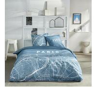 Today Parure de lit Java 2 personnes 220x240 cm coton imprimée Paris bleu et blanc 2 taies 63x63 cm