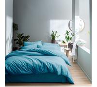 Parure de lit unie 2 personnes taies à volant 100% Coton - MATT & ROSE - COTON LAVÉ - Bleu glacier - 260x240+2x65x65 cm