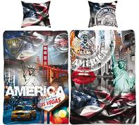 Parure de lit USA Stars and Stripes - 135 x 200 cm + 80 x 80 cm - 100 % coton - Housse de couette bleu blanc rouge New York Taxi Las Vegas San Francisco - 2 motifs - Taille allemande - Fermeture