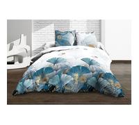 Parure Drap plat + drap-housse 140x190 + 2 T - Pur coton 57 fils - Ginko bleu
