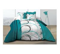 Parure Drap plat + drap-housse 160x200 + 2 T - Pur coton 57 fils - Roue Libre turquoise