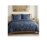 Parure housse de couette + 2 taies MELDA 100% coton motif feuilles 240x220cm bleu et beige