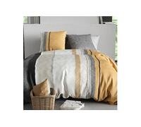Parure housse de couette 260x240cm + 2 taies 100% coton motif graphique jaune et gris
