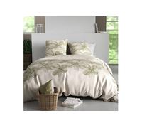 Parure housse de couette ARTUS - Motif fleurs beige et vert - 100% coton - 240x220cm + 2 taies