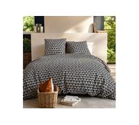 Parure housse de couette NOLANE 260x240cm motif géométrique bleu nuit 100% coton avec 2 taies