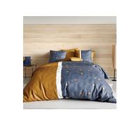 Parure housse de couette ORBAL 100% coton 260x240cm motif graphique bleu et jaune avec 2 taies