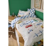 Parure housse de couette + taie d'oreiller enfant avec coton recyclé VARSITY carreaux bleu 140X200 50X75