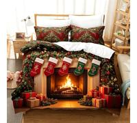 Parure lit Noël 3 pièces housse de couette 2 taies oreiller coton ,Fêtes | 2026 3D housse de couette festive 200X220cm 2 taies d'oreiller, microfibre douce brossée pour famille Noël chambre(155*200cm)