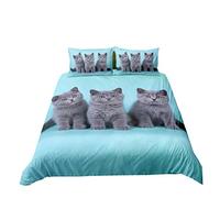 Parures de Lit 1/2 Personnes Chaton Chat Animal 3D 1/2 Housse de Couette avec Fermeture Eclair Microfibre Taie d'oreiller Bleu Grise Marron Automne Hiver Literie (Color 1, 140_x_200_cm)