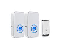 【Pas Besoin de Batterie】 Sonnette sans Fil Étanche AURTEC Carillon électronique, Kit de Carillon avec LED Bleu, Enfichable Sonnette, 51 Mélodies, 4-Niveaux Volume avec 2 Récepteur (Blanc)