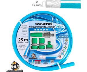 Pas de tuyau tricoté bleu torsion Ø 19 mm. Rouleau de 25 mètres. Avec accessoires, tuyau anti-torsion, tuyau sans coude,