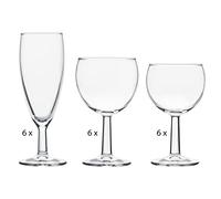 Pasabahce Banquet Set 18 Calici in Vetro. Composto da 6 Calici Acqua cl 19.5, 6 Calici Vino cl 15.2, 6 Calici Flute cl 15.5.