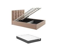 PASCAL MORABITO - Lit Coffre 160 x 200 cm - Velours - Beige + Matelas - MIRDAL de