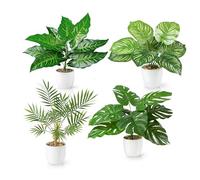 PASCH Lot de 4 plantes tropicales artificielles comme de vraies (35 cm) dans des pots en céramique blanche : entre autres Monstera artificiel & Palmier artificiel Areca | Plantes artificielles en pot
