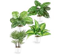 PASCH® Lot de 4 plantes tropicales artificielles comme de vraies plantes (25 cm) dans des pots en céramique blanche : entre autres Monstera artificiel & Palmier artificiel Areca | Plantes