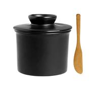 Pasdrucn 11.5x11.5x10.5cm Beurrier à Eau Avec Un Couteau à Beurre En Bambou, Pot A Beurre Français, Beurrier Porcelaine, Beurre Pot En Porcelaine, Boite Beurre, Mesa Beurrier Ceramique (Noir)