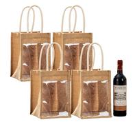 Pasdrucn 4Pcs Jute Pochette Cadeau Bouteille avec Fenêtre Transparente,Sacs Cadeaux pour Bouteilles De Vin,Sacs Cadeaux Réutilisables,Sac Bouteille avec Poignées (4 Compartiments)