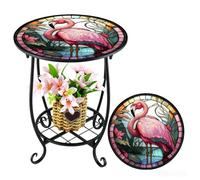 Pasisuu Table d'appoint ronde - Support en métal à 2 niveaux avec motif papillon et oiseau, support de rangement antirouille pour jardin, terrasse, présentoir de plantes, support de café E
