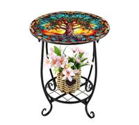 Pasisuu Table d'appoint ronde - Support en métal à 2 niveaux avec motif papillon et oiseau, support de rangement antirouille pour jardin, terrasse, présentoir de plantes, support à café H