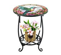 Pasisuu Table d'appoint ronde - Support en métal à 2 niveaux avec motif papillon et oiseau, support de rangement antirouille pour jardin, terrasse, présentoir de plantes, support à café K