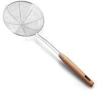 Passoire de cuisine en acier inoxydable Unyqoos® avec manche en bois – Passoire de cuisson et de friture multifonctionnelle, longueur 40 cm, diamètre du tamis 14 cm, résistante à la chaleur, manche an
