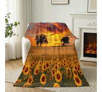 Pastoral Nature Douce et Chaude Flanelle Couverture, Fleurs Tournesols Arbres Confortable Réversible Plaid Polaire, Orange Jaune Légère Toutes Les Saisons Couverture Jeté de Canapé, 180 x 200 cm