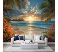 Pastorale Tropicale Papier Peint Panoramique 450L x 315H cm, Rustique Feuille Verte Coucher Soleil Floral Fresque Murale pour Chambre Bureau - Rouge Orangé Papier Peint Panoramique Facile à Poser