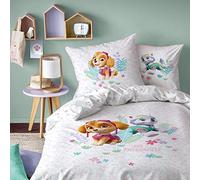 PAT PATROUILLE PARADISE Parure de Lit Enfant 140x200 cm | 100% Coton | OEKO-TEX | Housse de Couette Enfant 1 Personne 140x200 cm + 1 Taie d'Oreiller 63x63 cm Imprimées Réversibles | Blanc