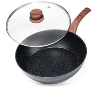 Poêle à frire - VILDE - Black&Wood - 28 cm - Aluminium - Couvercle en verre - Antiadhésif granit