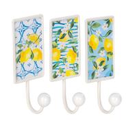 Patère Murale en Métal Blanc avec Décoration Citrons Méditerranée Set de 3 Style Bord de Mer Vintage 18,5cm