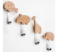 Patères en bois de chêne pour enfants. Patères et armoire pour chambre d'enfant. Patères murales de qualité supérieure avec des motifs d'animaux : lion, girafe, éléphant, hippopotame (lot de 4). Jolie