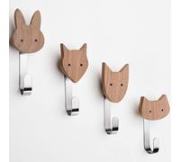 Patères en bois de noyer pour enfants. Patères et penderie pour chambre d'enfant. Patères murales de qualité supérieure avec des motifs d'animaux : chien, chat, renard, lapin (lot de 4). Jolie penderi
