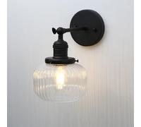 Pathson Vintage Industriel Applique Murale E27 Luminaires Intérieur Abat-jour en Verre Côtelé Ø16CM Lampe Murale pour Salon,Cuisine, Salle de bain,Miroir (Noir, 1-lumière)
