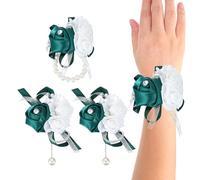 PATIKIL Corsage Poignet et Boutonnières, Bracelet Fleur Mariage en 3 Roses Artificielles pour Mariée Femme, Épingle Accessoire Decoration Mariage Réception Bal Fête, Vert Foncé 4pcs