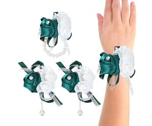 PATIKIL Corsage Poignet et Boutonnières, Bracelet Fleur Mariage en 3 Roses Artificielles pour Mariée Femme, Épingle Accessoire Decoration Mariage Réception Bal Fête, Vert Foncé 4pcs