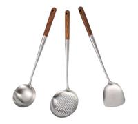 PATKAW Ensemble 3pcs Ustensiles la Cuisine 304 Acier Inoxydable et Bois, Louche à Passoire Perforée, Spatule Wok, Résistant Chaleur, Usage Polyvalent pour Maison