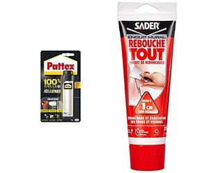 Pattex 100% Pâte à réparer multi-usages, Pâte epoxy bi-composante pour collages & Sader Rebouche Tout - Enduit de Rebouchage Intérieur Prêt à l’Emploi - Tous Supports - Rebouchage et Égalisation