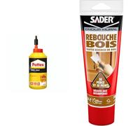 Pattex | Colle Bois Express (biberon de 750 g) - Colle à bois transparente à séchage & Sader Rebouche Bois en Pâte - Enduit de Rebouchage Extérieur et Intérieur - Pour Combler Trous
