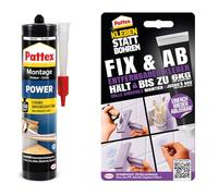 Pattex Colle de montage Power 370 g, colle de construction avec forte adhérence initiale, max. 150 kg/m² et coller au lieu de percer Fix & Ab 44 g, colle forte qui tient jusqu'à 6 kg