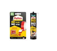 Pattex Ni Clou Ni Vis Double Face 19 mm x 1,5 m, Ruban adhésif double face ultra résistant & Ni Clou Ni Vis Extra Fort & Rapide, colle de fixation surpuissante, colle rapide, cartouche 380 g
