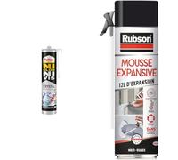 Pattex Ni Clou Ni Vis | Fix Crystal (cartouche de 290 g) - Colle de fixation extra & Rubson | Mousse Expansive Multi-Usages (aérosol de 300 ml) Blanche - Mousse polyuréthane pour isolation, calage